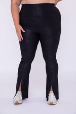 BLACK CURVY FOIL PRINTED FRONT SLIT HIGH-WAIST LEGGINGS-Mono B-Sissy Boutique