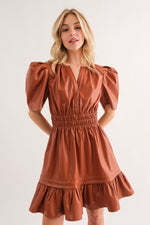 Camel Brown Faux Leather Puff Short Sleeve Smocking Dress Sissy Boutique