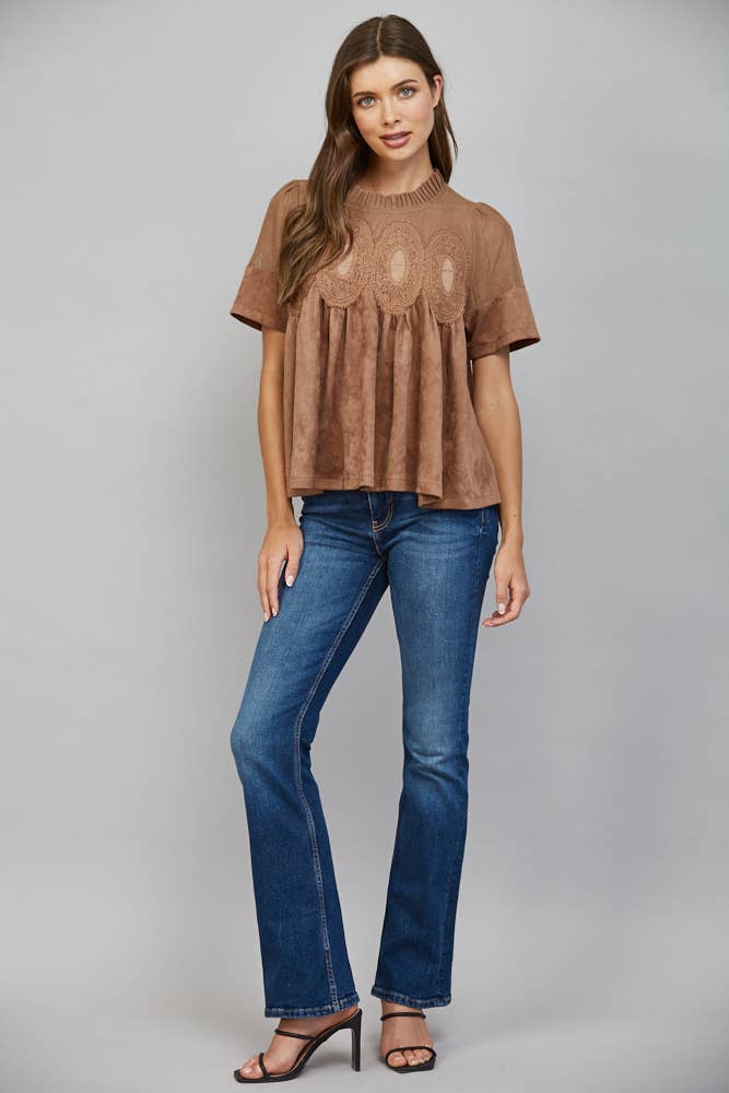 Mocha Brown Suede Top with Sheer Mesh Uppere Panel with Lace Applique | FATE