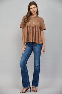 Mocha Brown Suede Top with Sheer Mesh Uppere Panel with Lace Applique | FATE