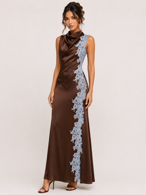BROWN SATIN COWL NECK DRESS WITH SIDE LACE | Fore Collection