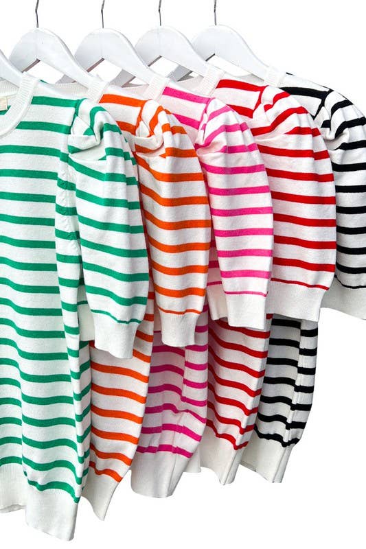 Orange Crew Neck Puff Short-sleeve Stripe Knit Sweater Top-Vine & Love-Sissy Boutique