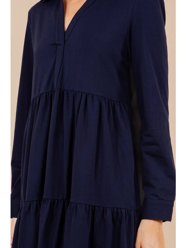 LONG SLEEVE NAVY TIERED MIDI DRESS-TCEC-Sissy Boutique