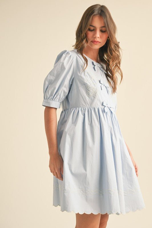Fairy Blue Floral And Scallop Embroidered Dress with Side Pockets | &merci