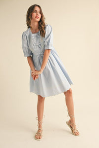Fairy Blue Floral And Scallop Embroidered Dress with Side Pockets | &merci