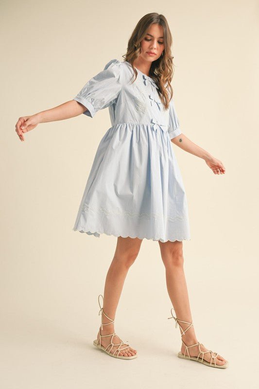 Fairy Blue Floral And Scallop Embroidered Dress with Side Pockets | &merci