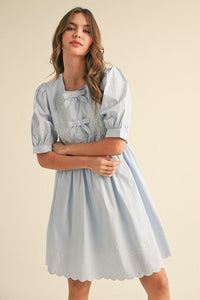 Fairy Blue Floral And Scallop Embroidered Dress with Side Pockets | &merci