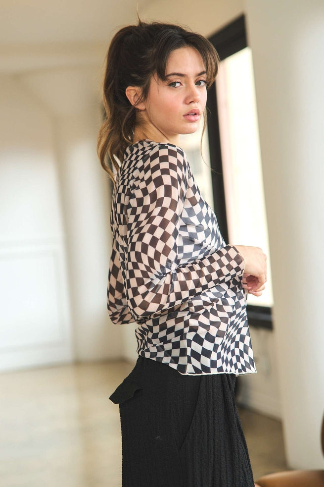 BLACK AND WHITE SHEER LONG SLEEVE CHECKERED TOP-Davi & Dani-Sissy Boutique