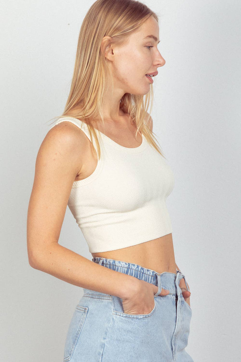 OFF WHITE SOFT STRETCHY CREW NECK SLEEVELESS CROP KNIT TOP:-VERY J / LOVE RICHE-Sissy Boutique