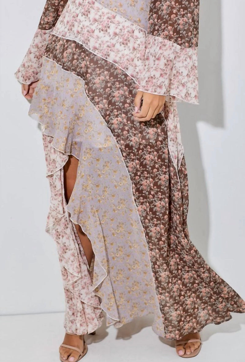 Floral and Brown Boho Chiffon Ruffle Maxi Dress Large