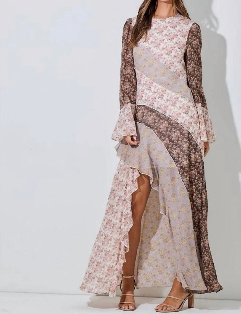 fitted lace wedding dress Floral and Brown Boho Chiffon Ruffle Maxi Dress Large