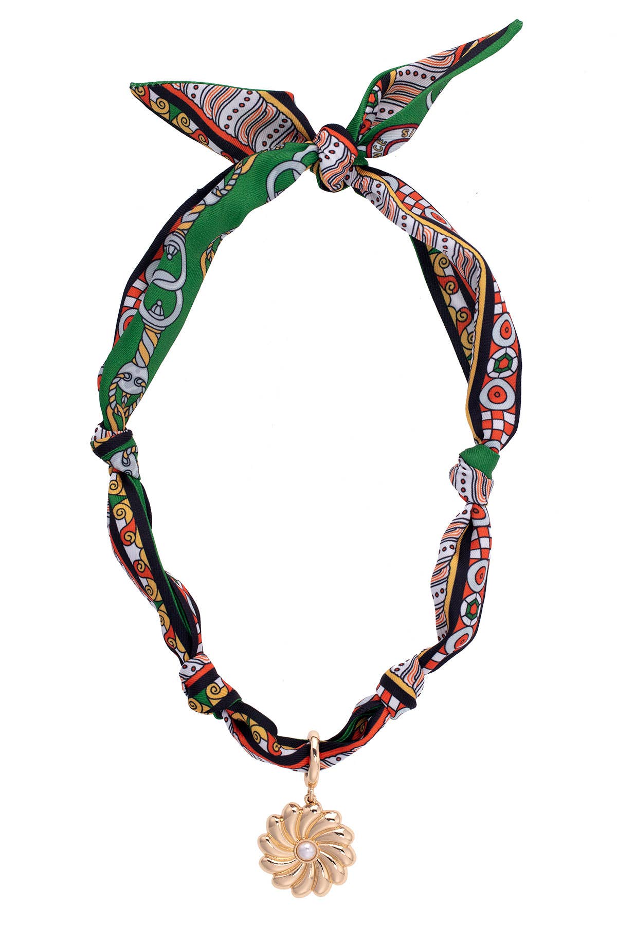 Gertrude Pearl Flower Scarf Necklace in Green/Black/Orange | Canvas Style