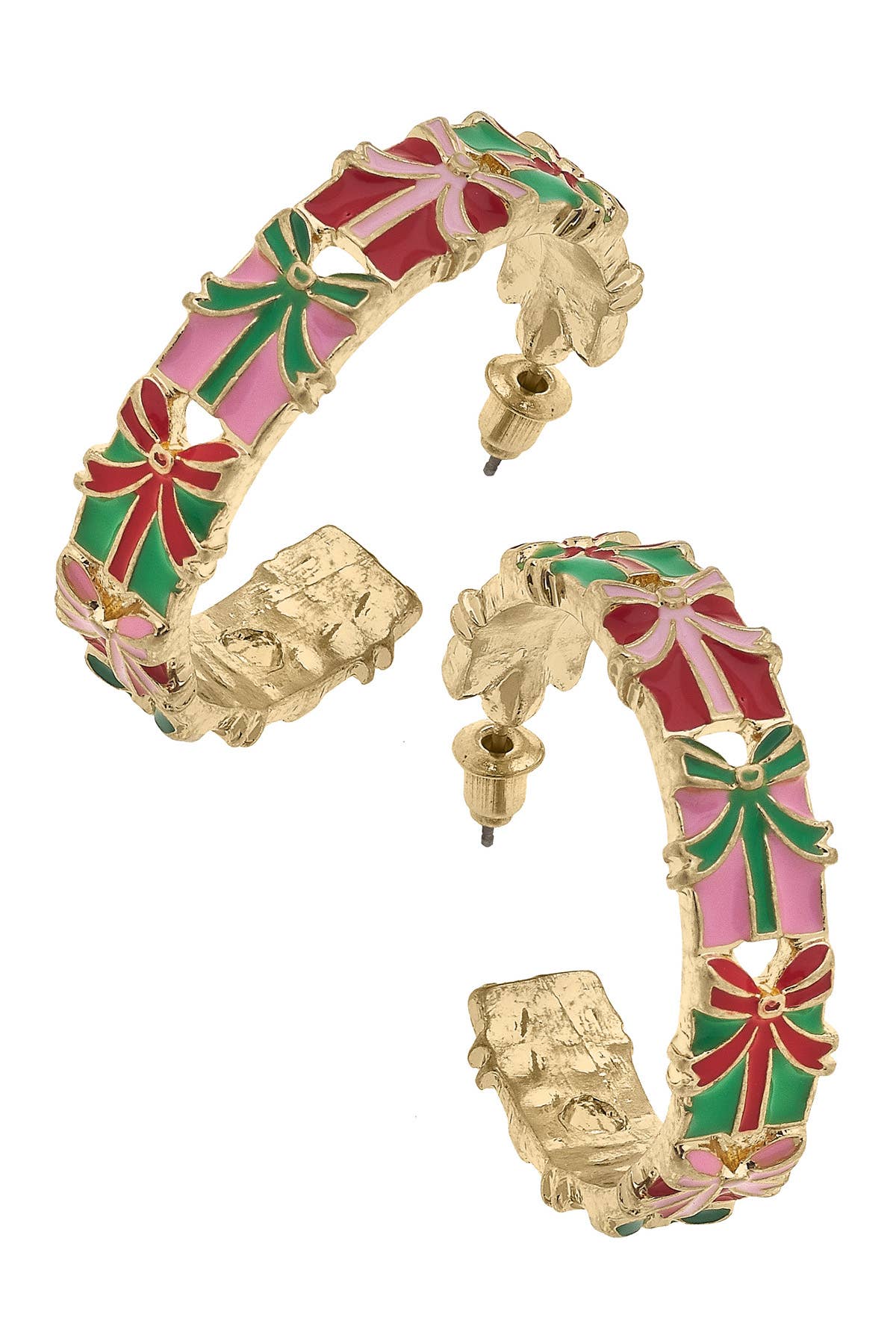 Gift Wrap Enamel Present Hoop Earrings in Pink/Green/Red | Canvas Style