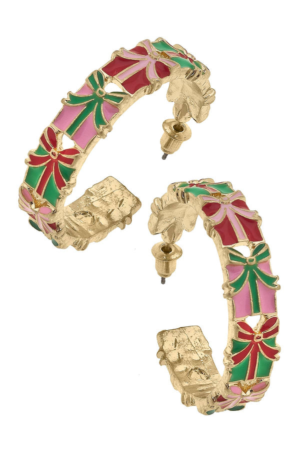 Gift Wrap Enamel Present Hoop Earrings in Pink/Green/Red | Canvas Style