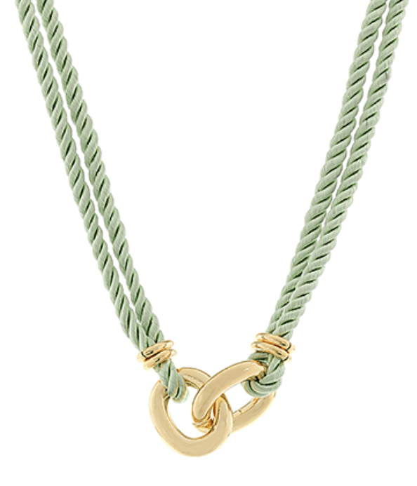 Gold Cable Linked and Mint Green Silk Rope Statement Necklace | K English Collection