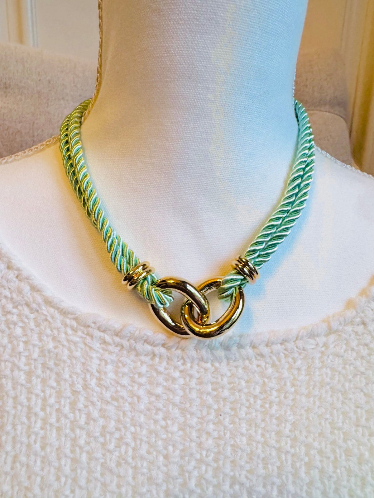 Gold Cable Linked and Mint Green Silk Rope Statement Necklace | K English Collection