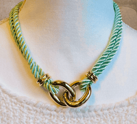 Gold Cable Linked and Mint Green Silk Rope Statement Necklace | K English Collection