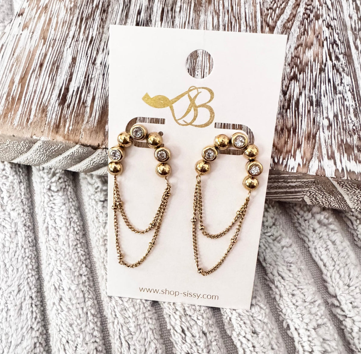 Gold Inlayed CZ and Beaded Chain Drop Earrings | Sissy Boutique