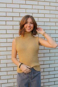 Gold Mock Turtleneck Gold Metallic Sheen Knit Top | TCEC