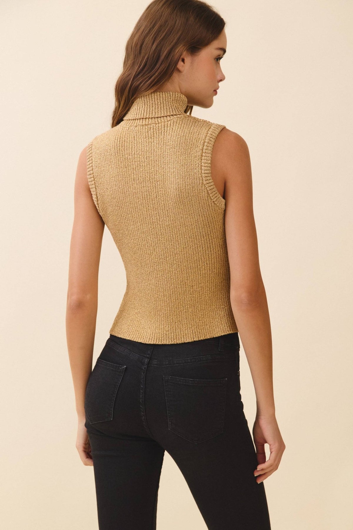 Gold Mock Turtleneck Gold Metallic Sheen Knit Top | TCEC