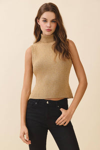 Gold Mock Turtleneck Gold Metallic Sheen Knit Top | TCEC