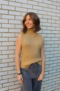 Gold Mock Turtleneck Gold Metallic Sheen Knit Top | TCEC