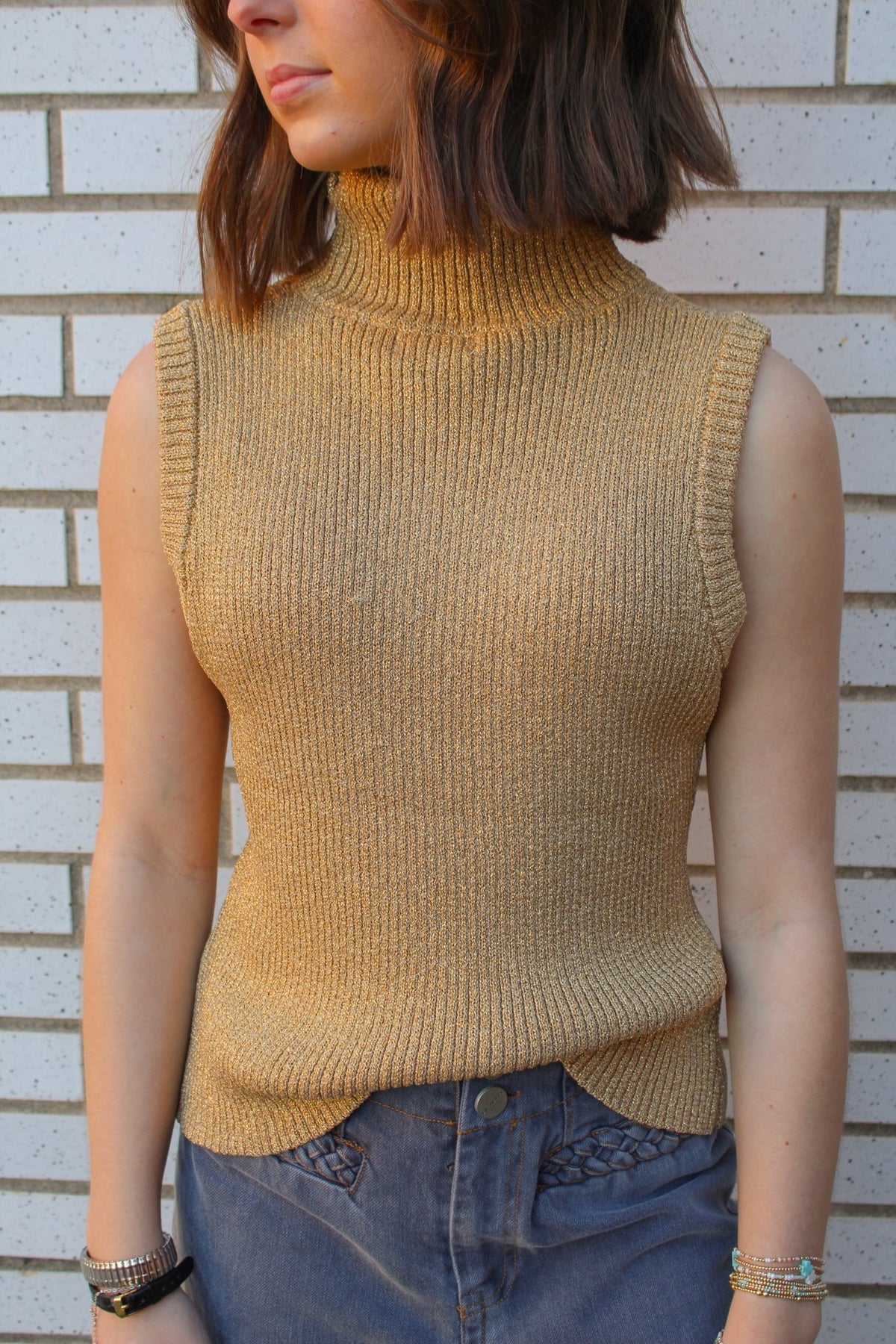 Gold Mock Turtleneck Gold Metallic Sheen Knit Top | TCEC
