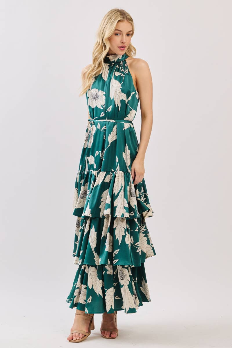Green and Ivory Floral Satin Mock Halter Neck Tiered Maxi Dress Green and Ivory Floral Satin Mock Halter Neck Tiered Maxi Dress