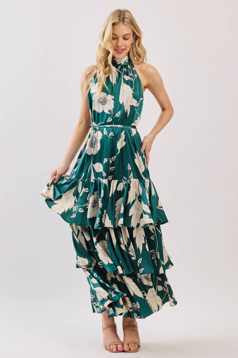 Green and Ivory Floral Satin Mock Halter Neck Tiered Maxi Dress