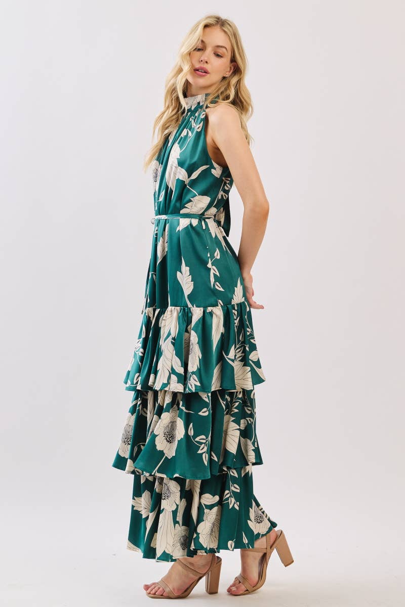 Green and Ivory Floral Satin Mock Halter Neck Tiered Maxi Dress Green and Ivory Floral Satin Mock Halter Neck Tiered Maxi Dress