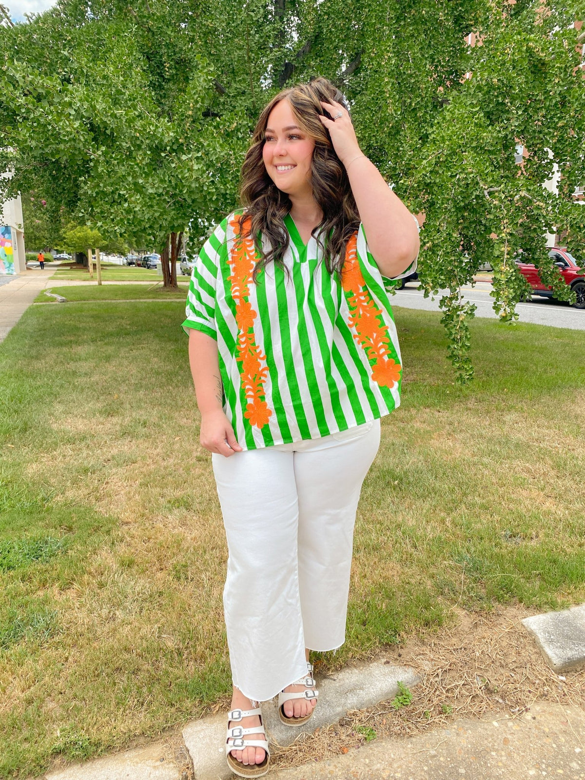 Green and White Striped Oversized Short Sleeve Top with Orange Floral Embroidery | Glam