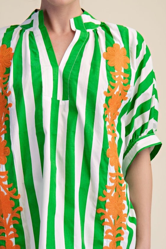 Green and White Striped Oversized Short Sleeve Top with Orange Floral Embroidery | Glam