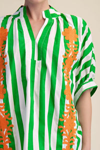 Green and White Striped Oversized Short Sleeve Top with Orange Floral Embroidery | Glam
