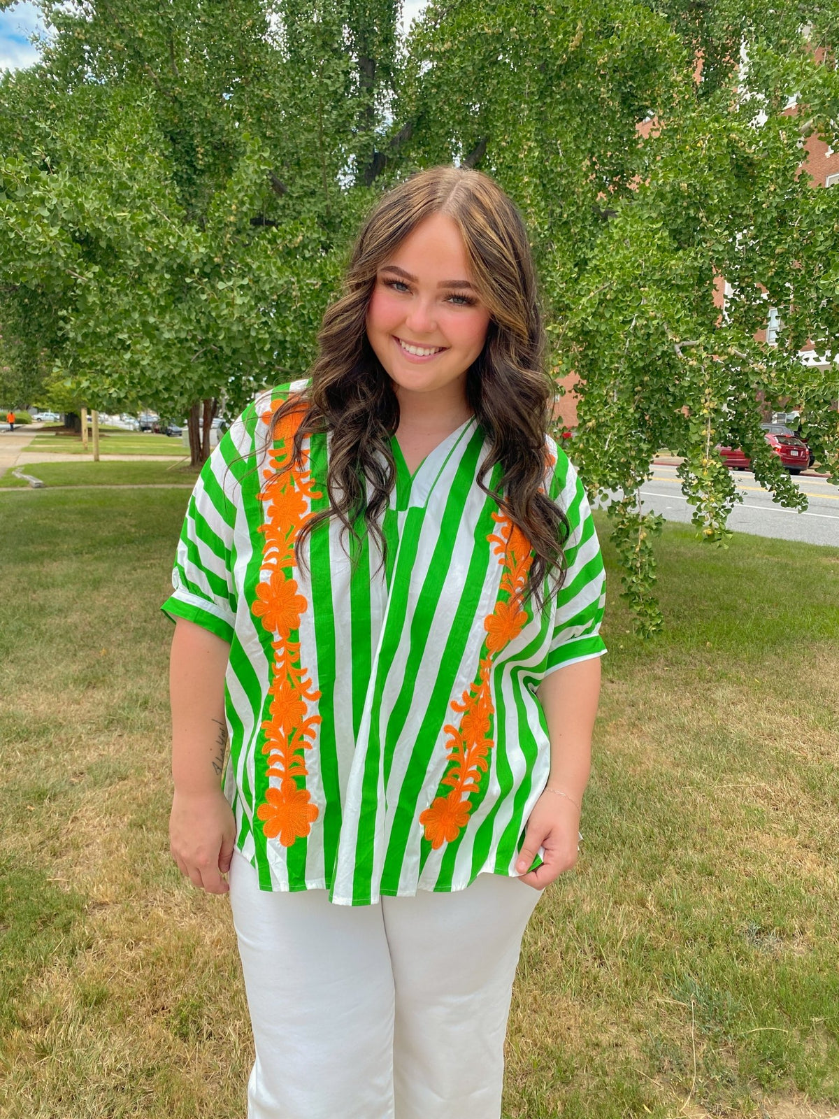 Green and White Striped Oversized Short Sleeve Top with Orange Floral Embroidery | Glam