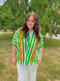 Green and White Striped Oversized Short Sleeve Top with Orange Floral Embroidery | Glam