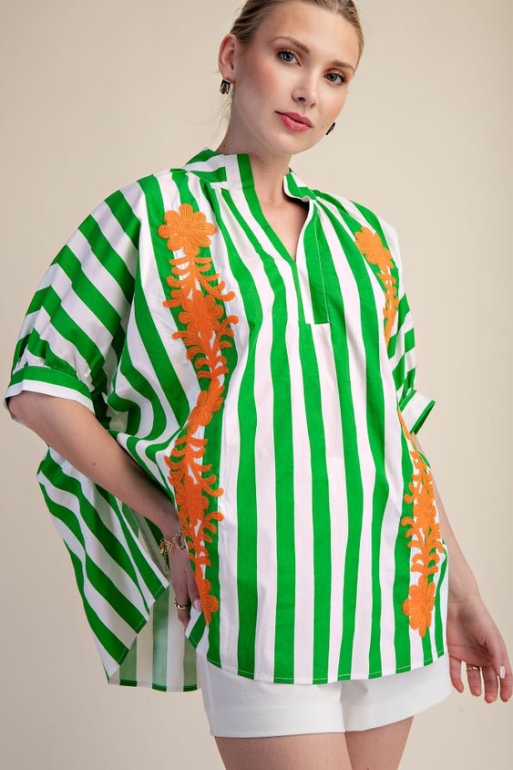 Green and White Striped Oversized Short Sleeve Top with Orange Floral Embroidery | Glam