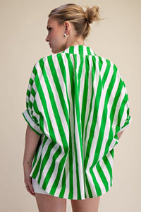 Green and White Striped Oversized Short Sleeve Top with Orange Floral Embroidery | Glam