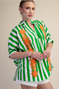 Green and White Striped Oversized Short Sleeve Top with Orange Floral Embroidery | Glam
