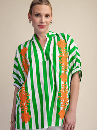 Green and White Striped Oversized Short Sleeve Top with Orange Floral Embroidery | Glam