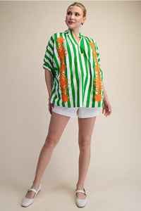 Green and White Striped Oversized Short Sleeve Top with Orange Floral Embroidery | Glam
