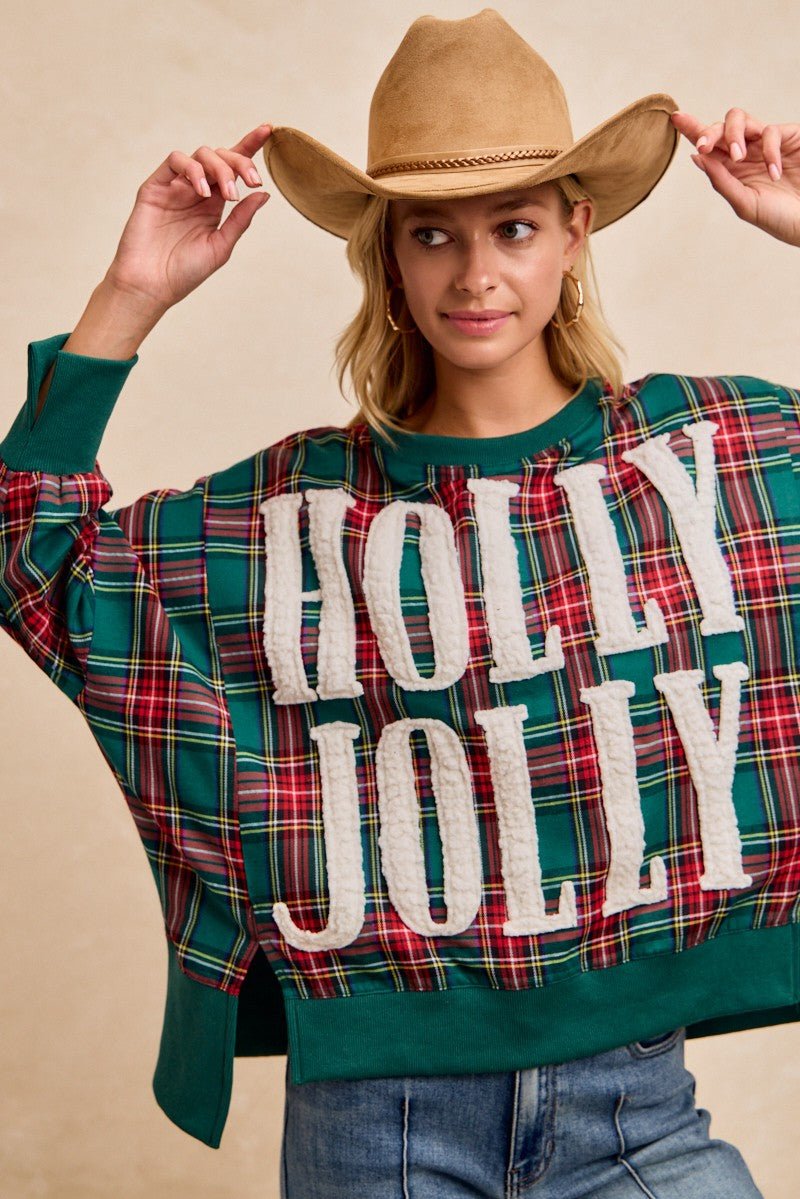 Green Holly Jolly Christmas Plaid Oversized Sweatshirt | Sissy Boutique