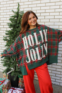 Green Holly Jolly Christmas Plaid Oversized Sweatshirt | Sissy Boutique