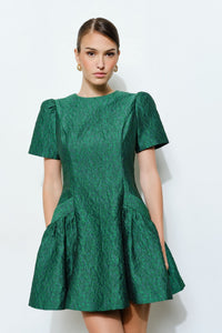 Green Jacquard Puff-sleeve Fit-and-Flare Mini Dress | INA