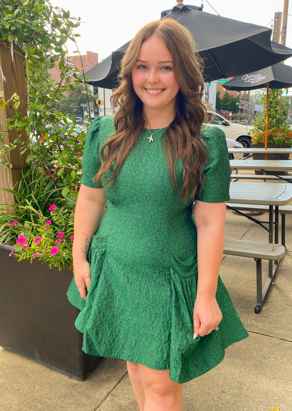 Green Jacquard Puff-sleeve Fit-and-Flare Mini Dress Medium Green Jacquard Puff-sleeve Fit-and-Flare Mini Dress Medium