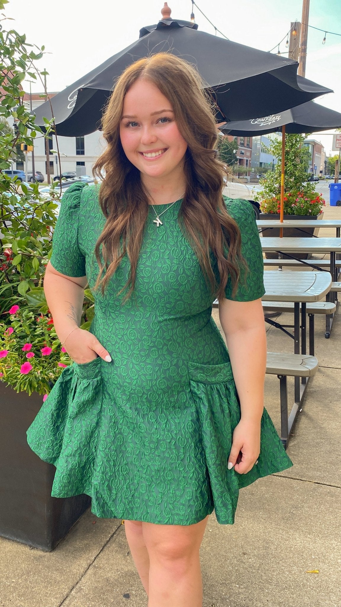 Green Jacquard Puff-Sleeve Fit-And-Flare Mini Dress Medium Green Jacquard Puff-Sleeve Fit-And-Flare Mini Dress Medium