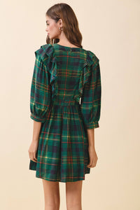 Green Plaid Deep V Neck Ruffle Trim Detail Wrap Dress | TCEC