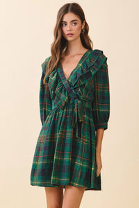 Green Plaid Deep V Neck Ruffle Trim Detail Wrap Dress | TCEC