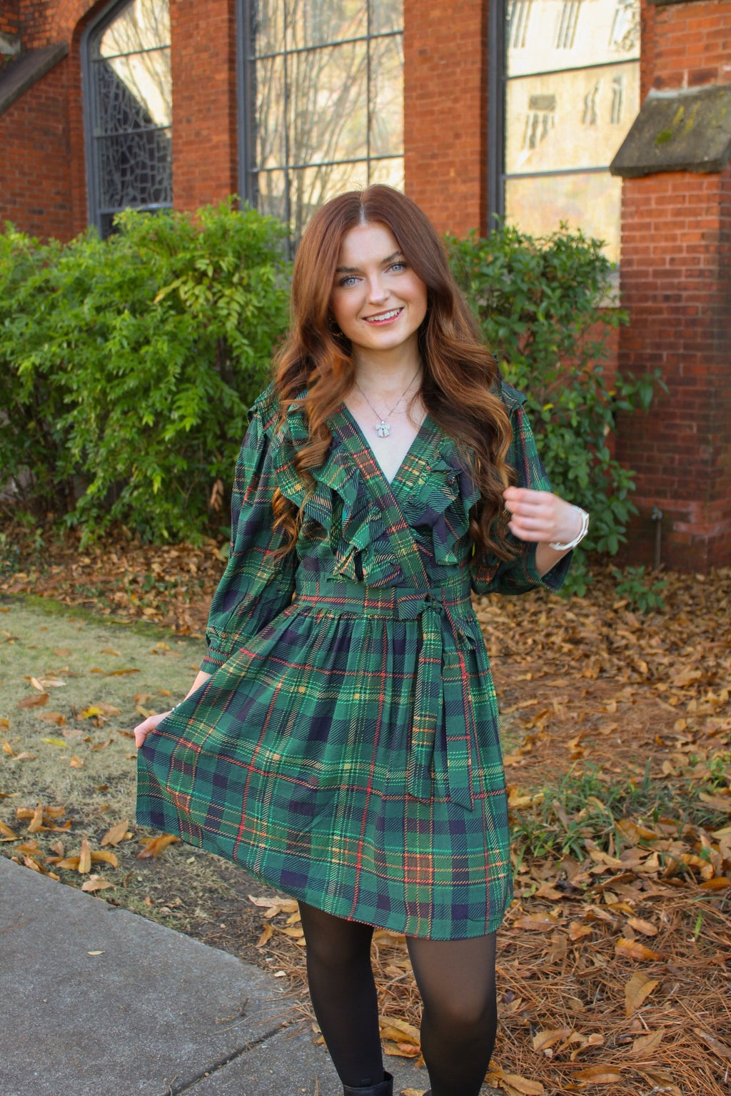 plaid wrap dress Green Deep V Neck Ruffle Trim Detail Large Gallery - OMNIA Nightclub Size:Pre-order 16 Color/pattern lace for evening dress