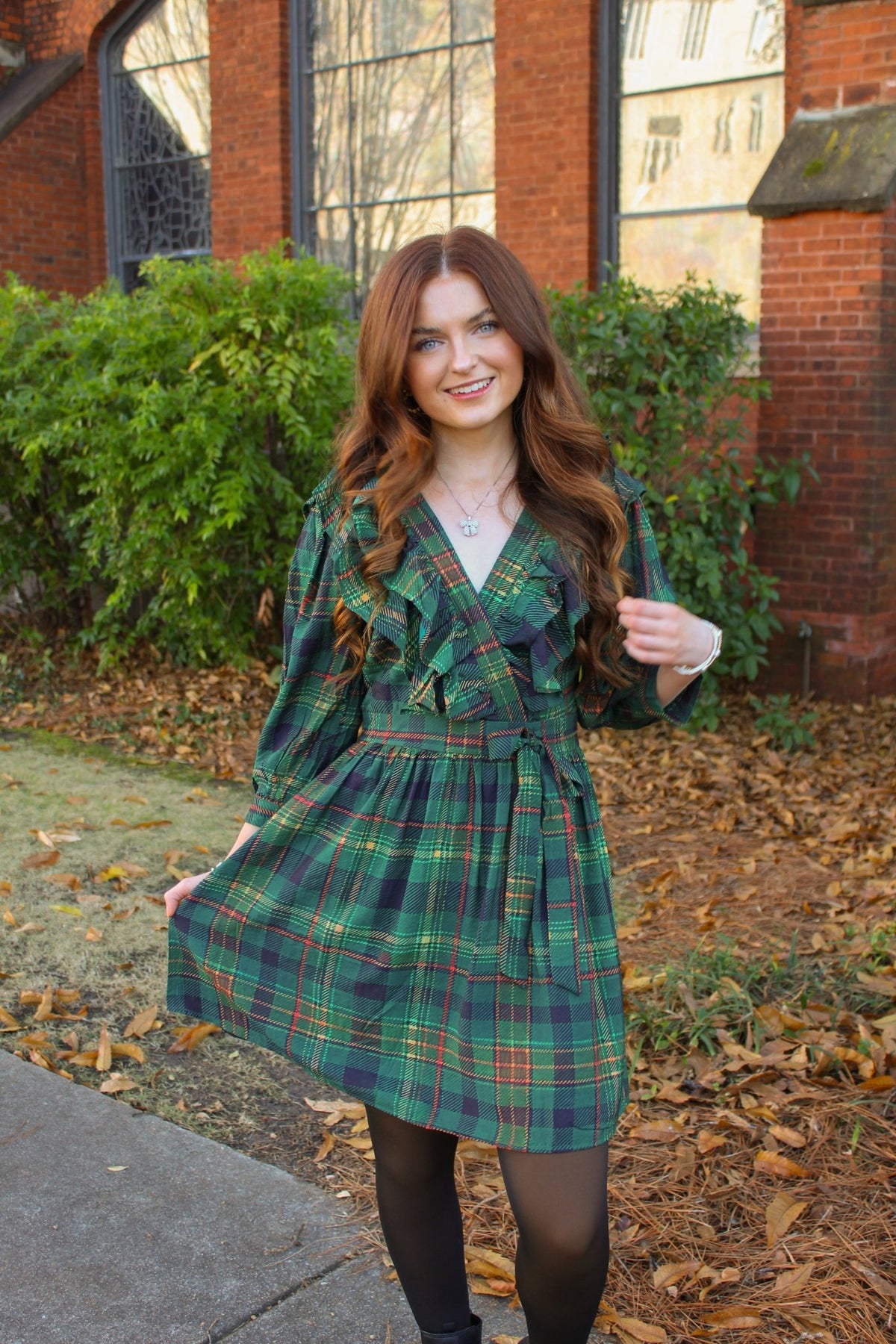 Green Plaid Deep V Neck Ruffle Trim Detail Wrap Dress | TCEC