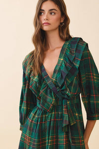 Green Plaid Deep V Neck Ruffle Trim Detail Wrap Dress | TCEC